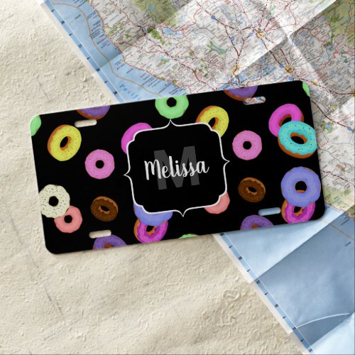 Cool fun colorful donuts pattern black Monogram License Plate