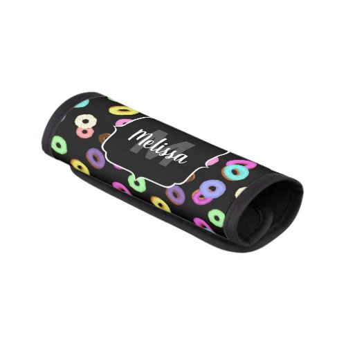 Cool fun colorful donuts pattern black Monogram Luggage Handle Wrap