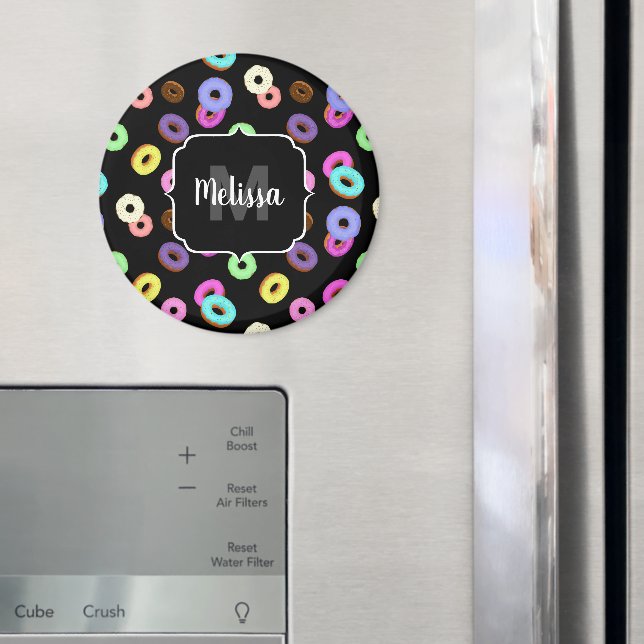 Cool fun colorful donuts pattern black Monogram Magnet (In Situ (Fridge))