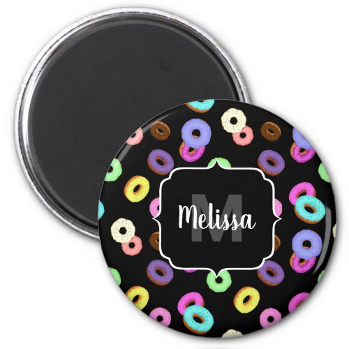 Cool fun colorful donuts pattern black Monogram Magnet