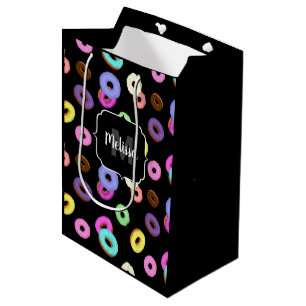 Cool fun colorful donuts pattern black Monogram Medium Gift Bag