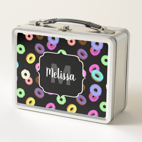 Cool fun colorful donuts pattern black Monogram Metal Lunch Box