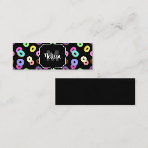 Cool fun colorful donuts pattern black Monogram Mini Business Card