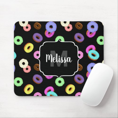 Cool fun colorful donuts pattern black Monogram Mouse Pad