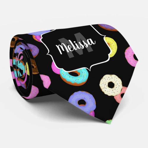 Cool fun colorful donuts pattern black Monogram Neck Tie