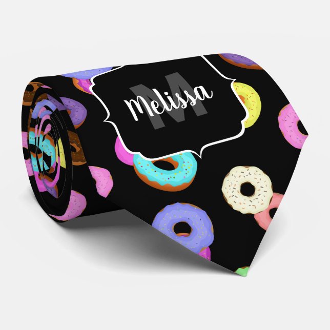 Cool fun colorful donuts pattern black Monogram Neck Tie (Rolled)
