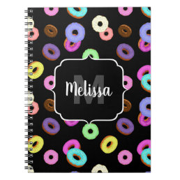 Cool fun colorful donuts pattern black Monogram Notebook