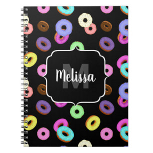Cool fun colorful donuts pattern black Monogram Notebook