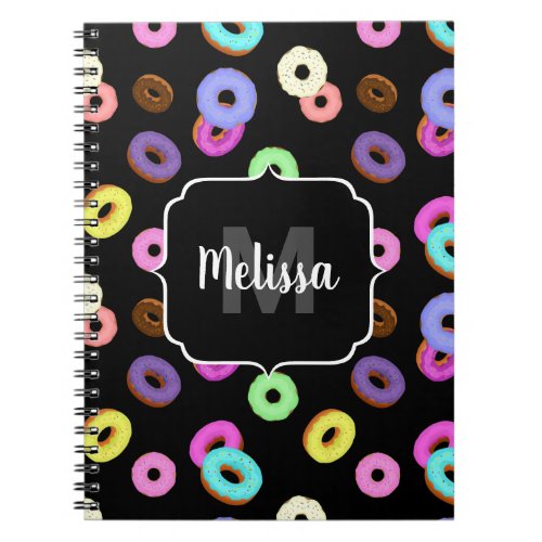 Cool fun colorful donuts pattern black Monogram Notebook