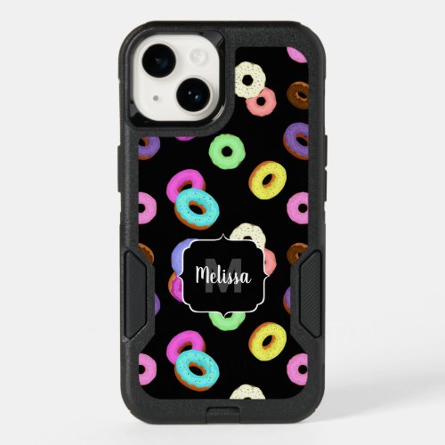 Cool fun colorful donuts pattern black Monogram OtterBox iPhone 14 Case