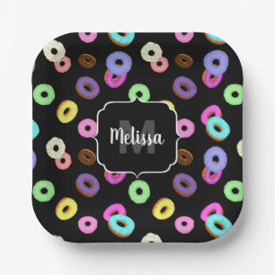 Cool fun colorful donuts pattern black Monogram Paper Plates