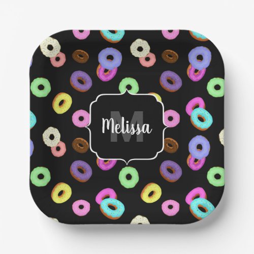 Cool fun colorful donuts pattern black Monogram Paper Plates