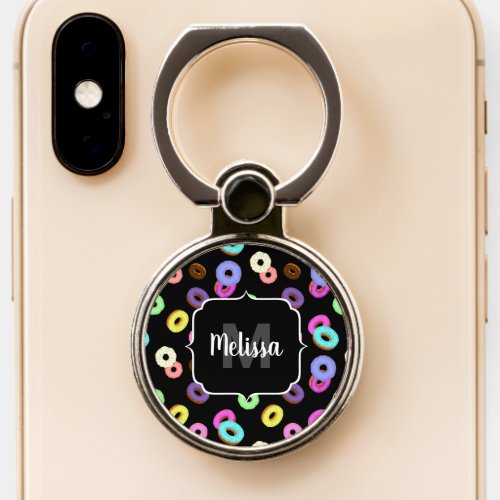 Cool fun colorful donuts pattern black Monogram Phone Ring Stand