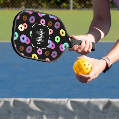 Cool fun colorful donuts pattern black Monogram Pickleball Paddle