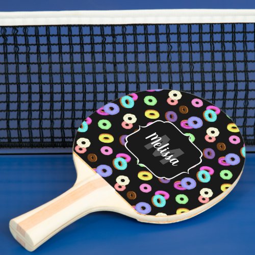 Cool fun colorful donuts pattern black Monogram Ping Pong Paddle