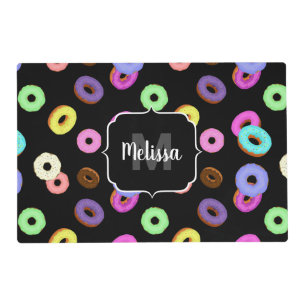 Cool fun colorful donuts pattern black Monogram Placemat