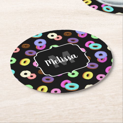 Cool fun colorful donuts pattern black Monogram Round Paper Coaster