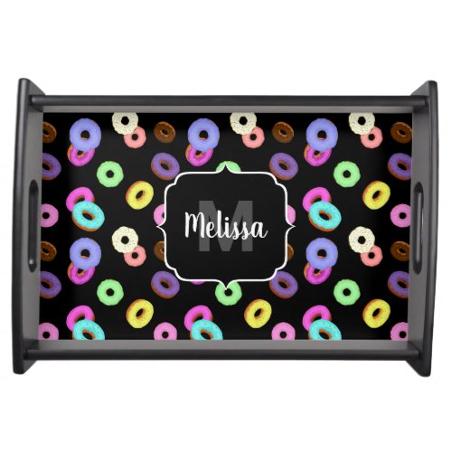 Cool fun colorful donuts pattern black Monogram Serving Tray