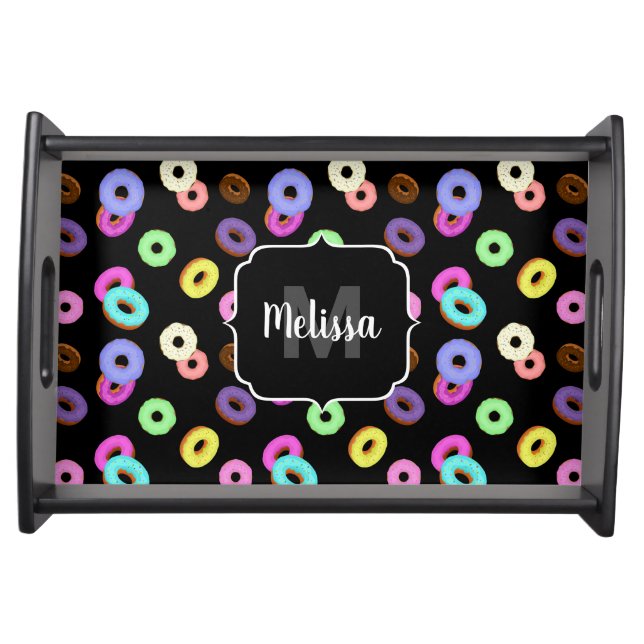 Cool fun colorful donuts pattern black Monogram Serving Tray (Front)