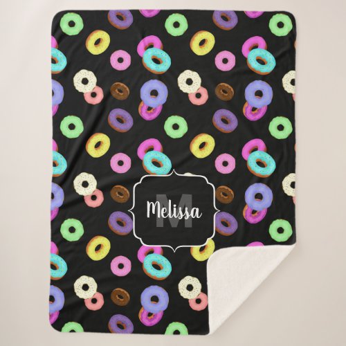 Cool fun colorful donuts pattern black Monogram Sherpa Blanket
