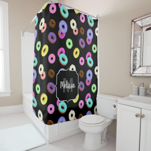 Cool fun colorful donuts pattern black Monogram Shower Curtain