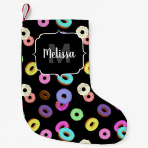 Cool fun colorful donuts pattern black Monogram Small Christmas Stocking