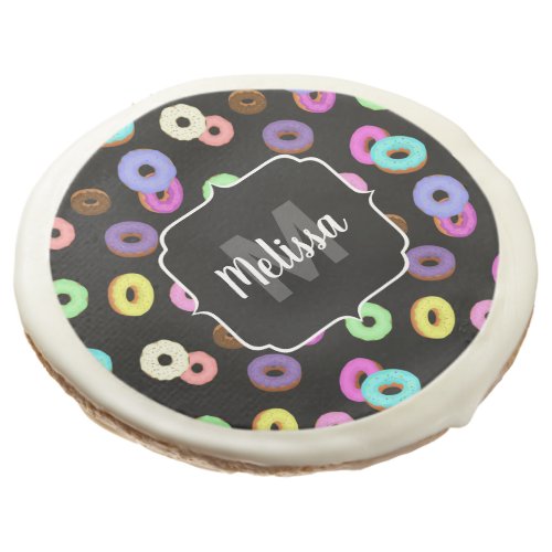 Cool fun colorful donuts pattern black Monogram Sugar Cookie