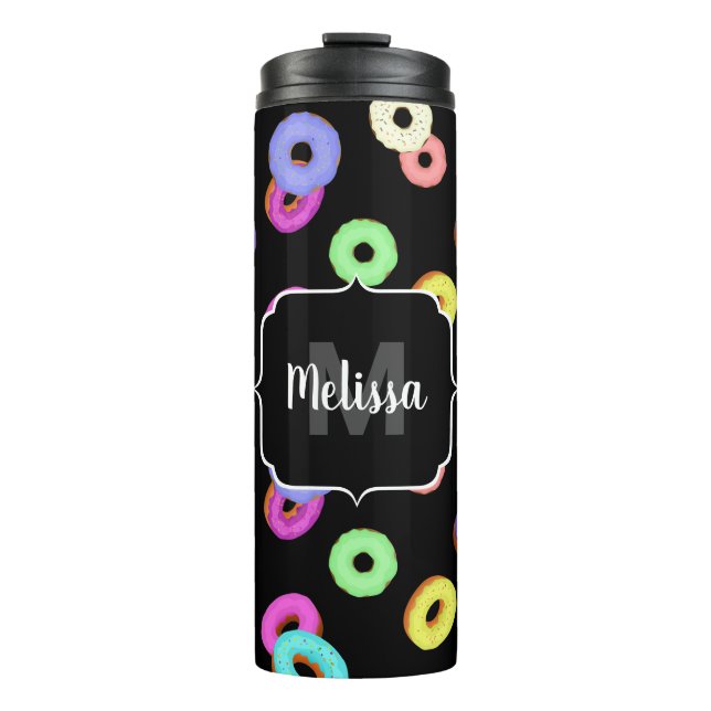Cool fun colorful donuts pattern black Monogram Thermal Tumbler (Front)