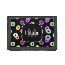 Cool fun colorful donuts pattern black Monogram Trifold Wallet