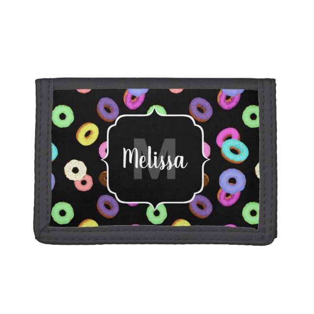 Cool fun colorful donuts pattern black Monogram Trifold Wallet (Front)