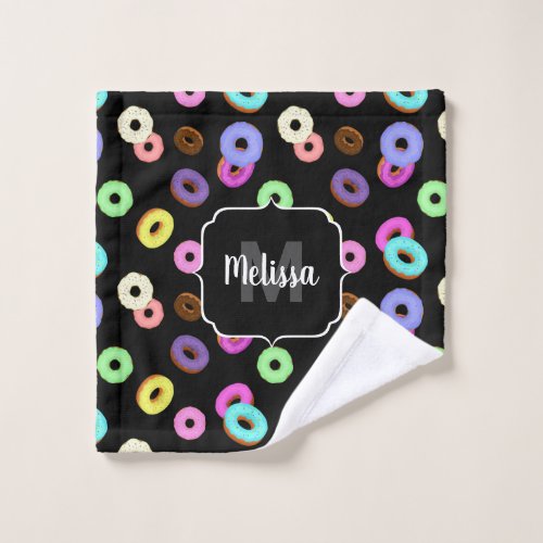 Cool fun colorful donuts pattern black Monogram Wash Cloth