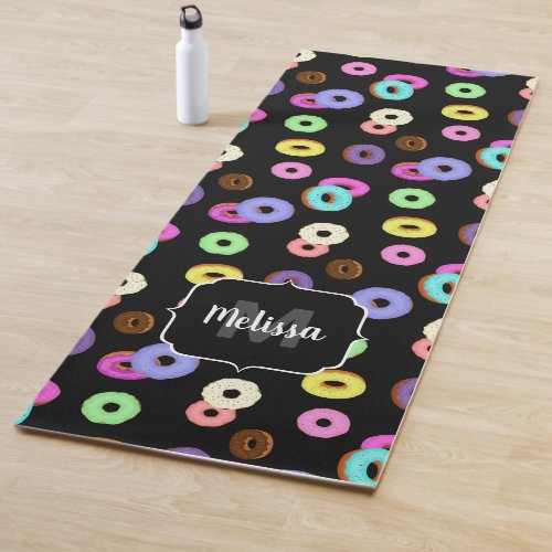 Cool fun colorful donuts pattern black Monogram Yoga Mat