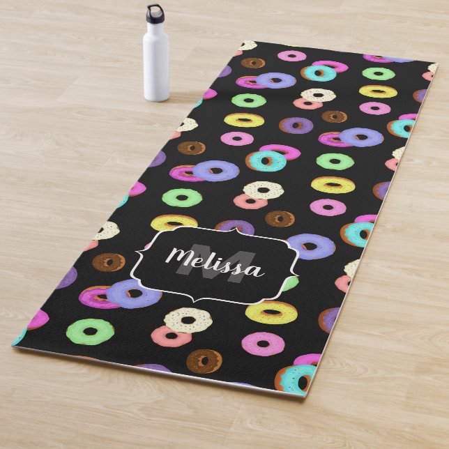 Cool fun colorful donuts pattern black Monogram Yoga Mat (In Situ)