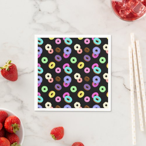 Cool fun colorful donuts pattern black napkins