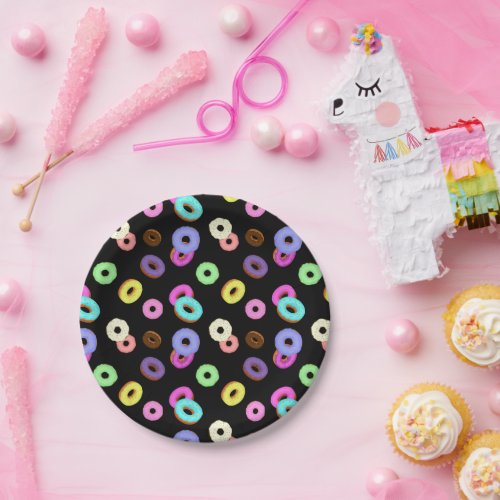 Cool fun colorful donuts pattern black paper plates