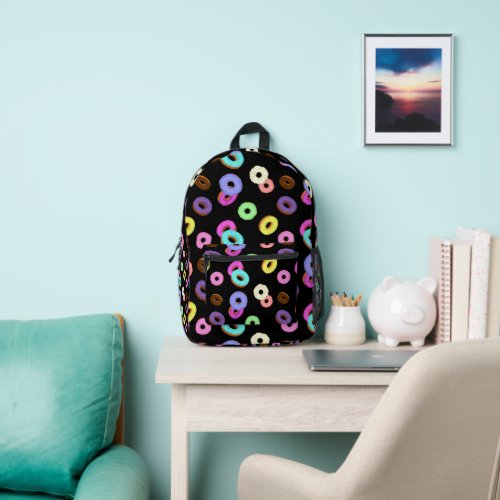 Cool fun colorful donuts pattern black printed backpack