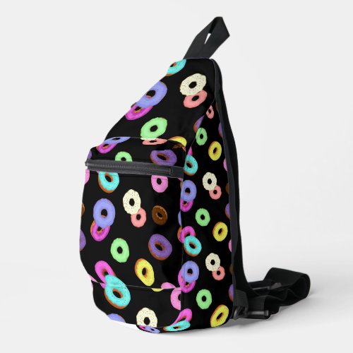 Cool fun colorful donuts pattern black sling bag