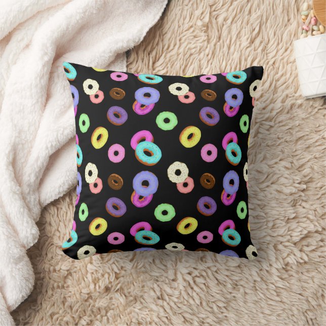 Cool fun colorful donuts pattern black throw pillow (Blanket)