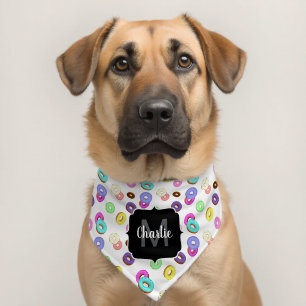 Cool fun colorful donuts pattern white Monogram Pet Bandana Collar