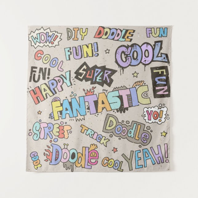 Cool Fun Doodle Lettering Vintage Tapestry (Front)