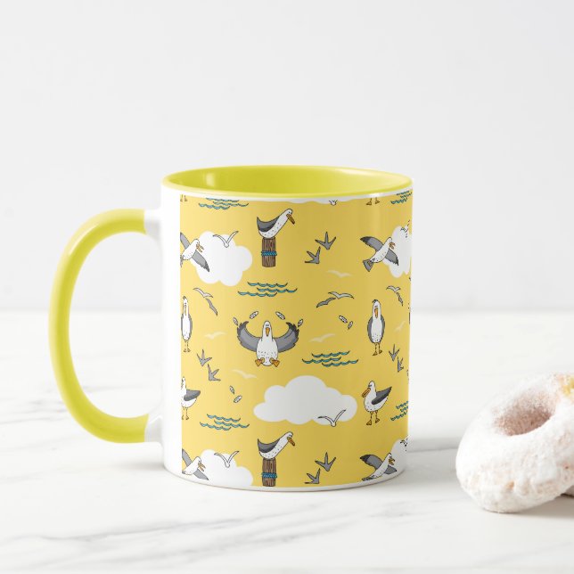 Cool Fun Flock of Seagulls Yellow Sky and Clouds Mug (With Donut)