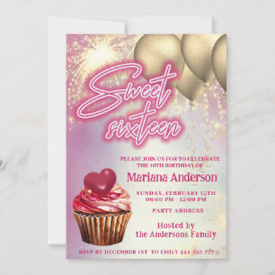 Cool fun gold balloon sparkle fireworks cupcake invitation