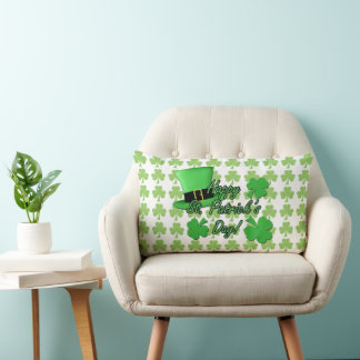 Cool fun Green top hat Shamrocks Patrick Day white Lumbar Pillow