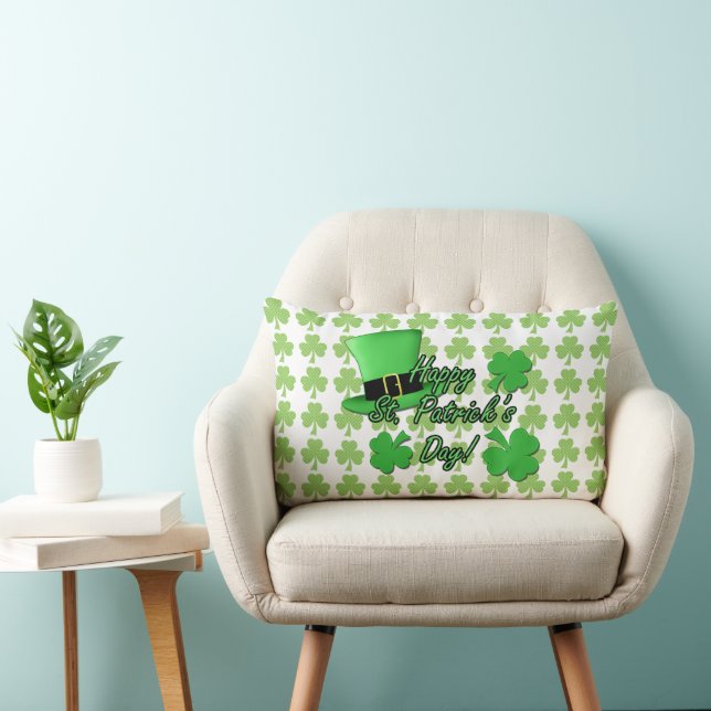 Cool fun Green top hat Shamrocks Patrick Day white Lumbar Pillow (Chair)