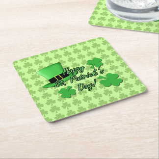 Cool fun Green top hat Shamrocks Patricks Day Square Paper Coaster