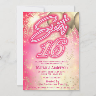 Cool fun hot pink gold balloon sparkle fireworks invitation