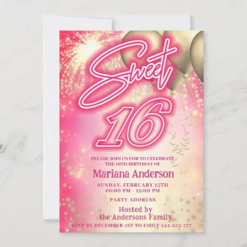 Cool fun hot pink gold balloon sparkle fireworks  invitation