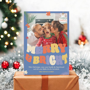 Cool Fun Merry & Bright retro Christmas photo Holiday Card
