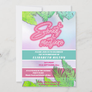 Cool fun neon typography stripes sweet 16 invitati invitation