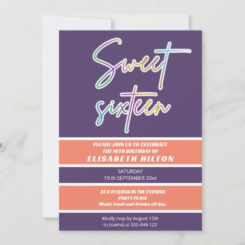 Cool fun neon typography stripes sweet 16 invitation
